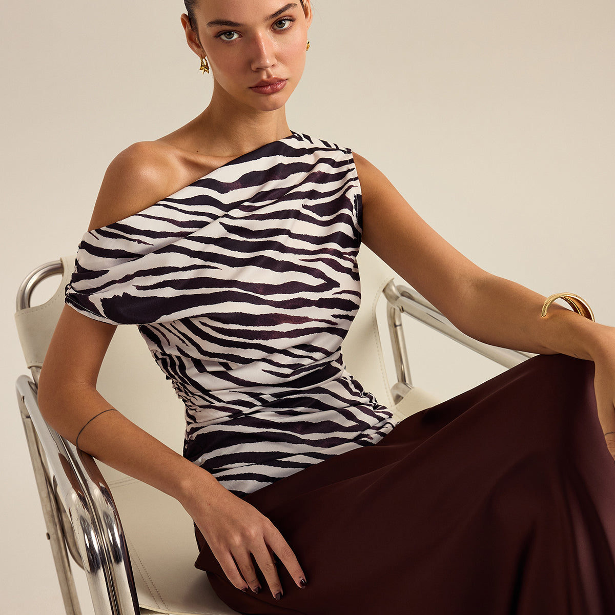 Zebra Desenli Omuz Açık Üst