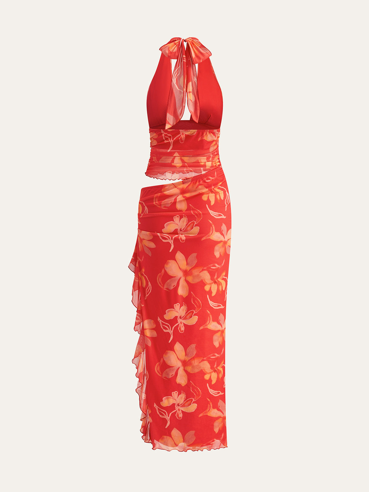 Yarım Şeffaf Çiçekli Halter Elbise