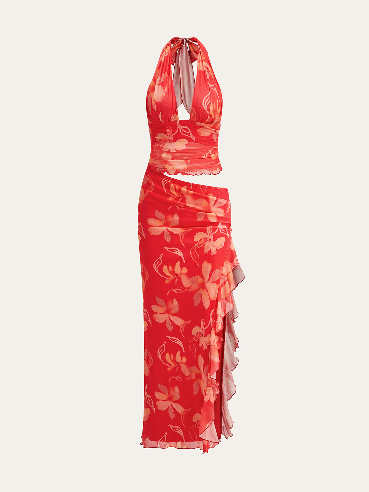 Yarım Şeffaf Çiçekli Halter Elbise