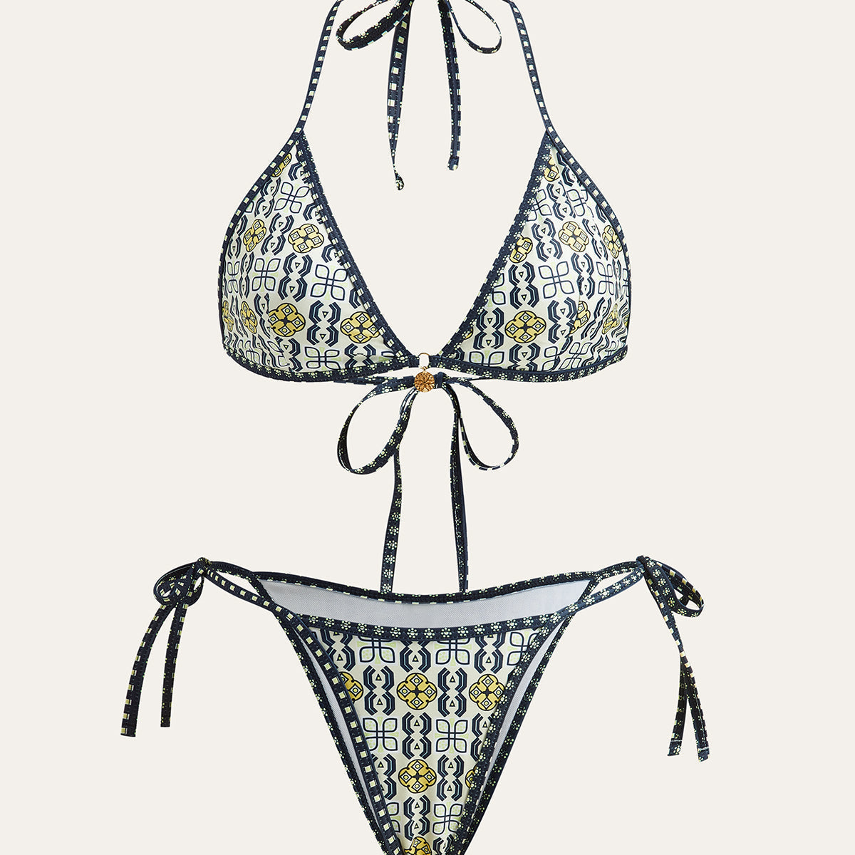 Desenli Boyundan Bağlamalı Bikini Takımı