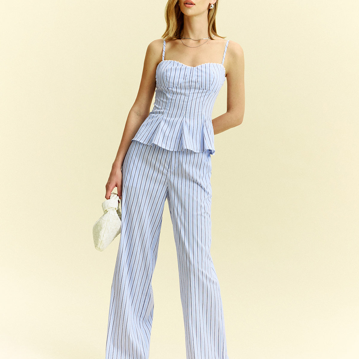 Çizgili Peplum Üst Ve Geniş Paça Pantolon Takımı