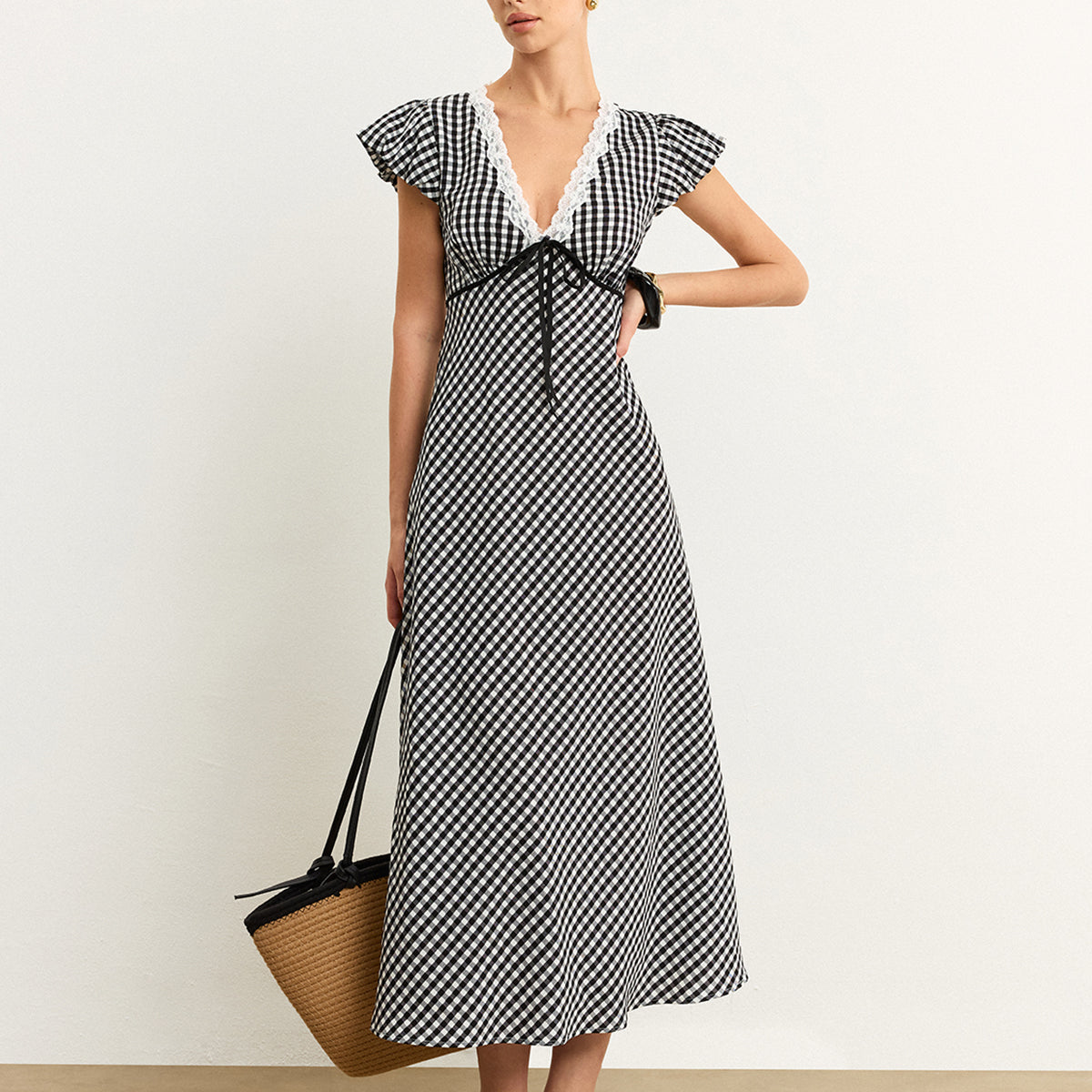 Gingham Dantelli Midi Elbise