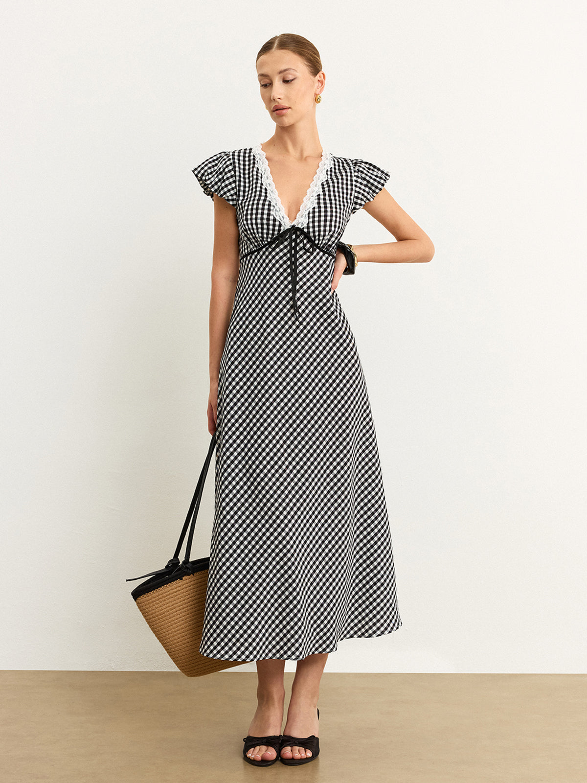 Gingham Dantelli Midi Elbise