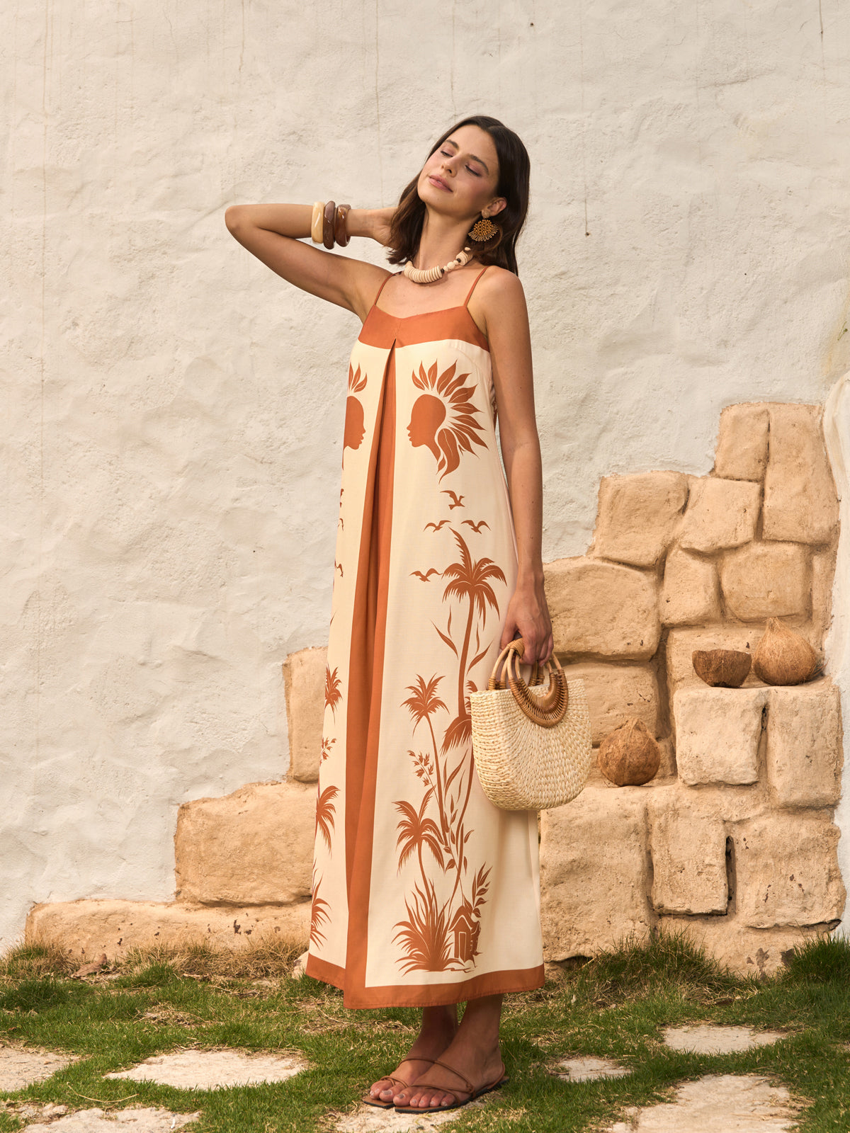 Kontrast Panelli Boho Desenli Askılı Elbise
