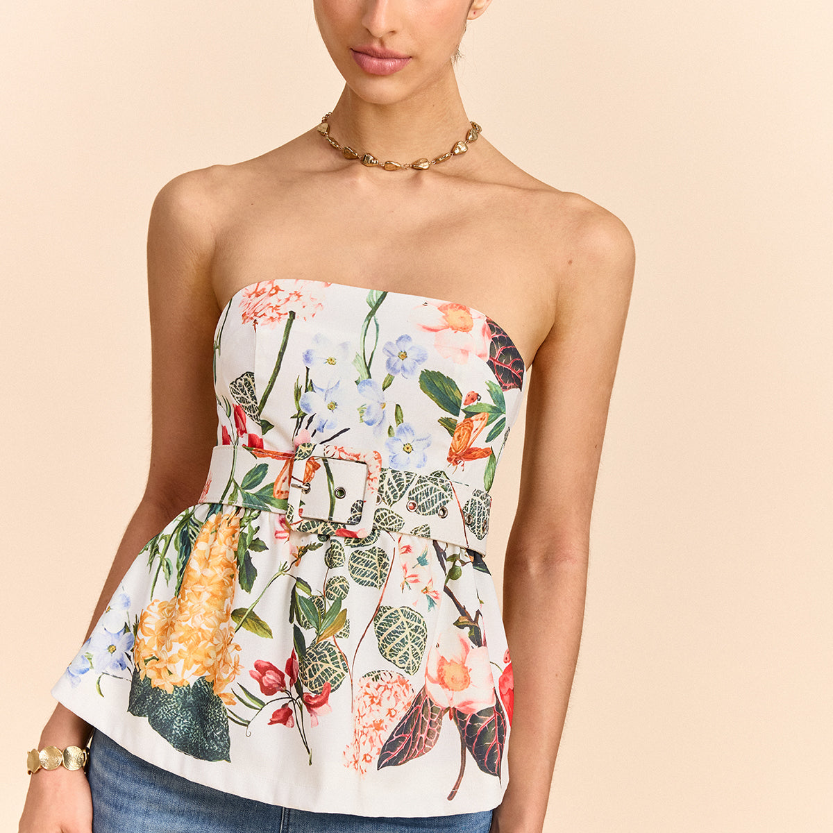 Çiçek Desenli Askısız Peplum Üst Ve Kemer