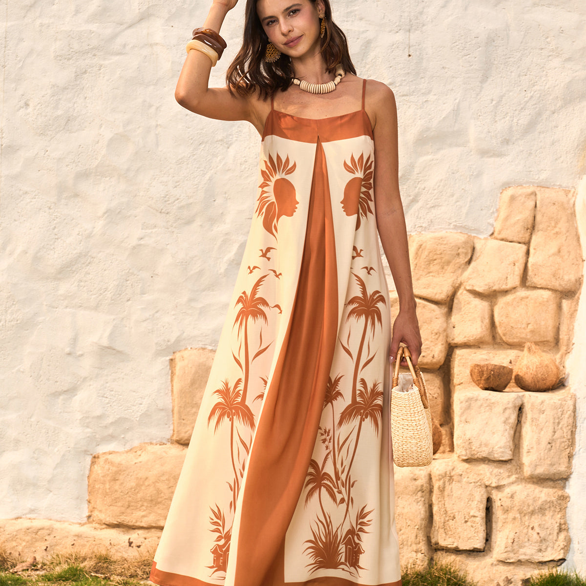 Kontrast Panelli Boho Desenli Askılı Elbise