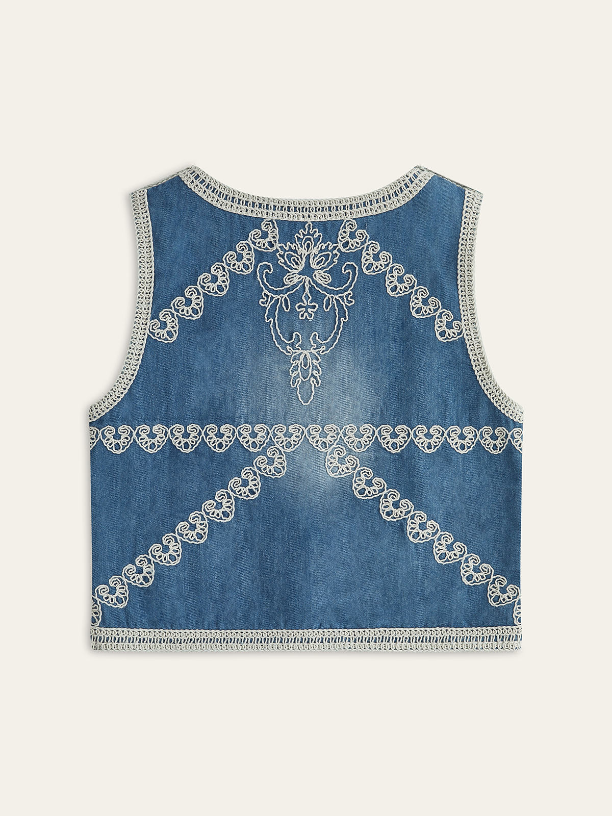 Düğmeli Nakış İşlemeli Denim Yelek