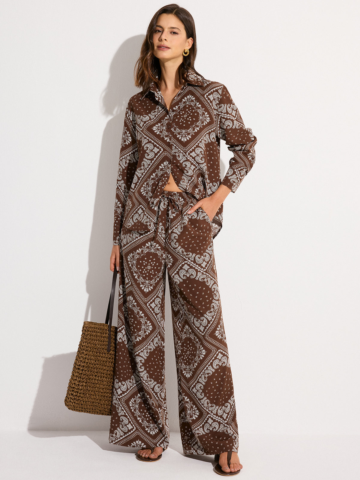 Paisley Desenli Cepli Geniş Paça Pantolon