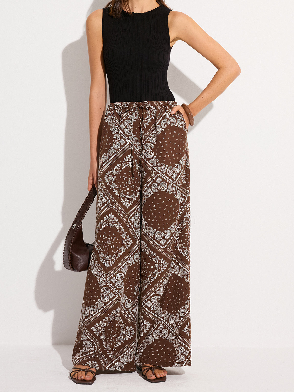 Paisley Desenli Cepli Geniş Paça Pantolon