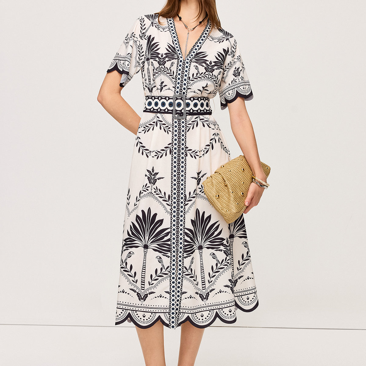 Boho Çiçekli V Yaka Midi Elbise