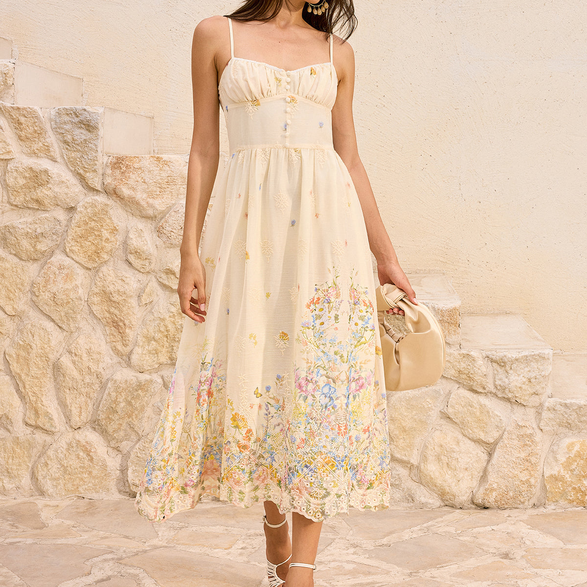 Çiçek İşlemeli Midi Elbise