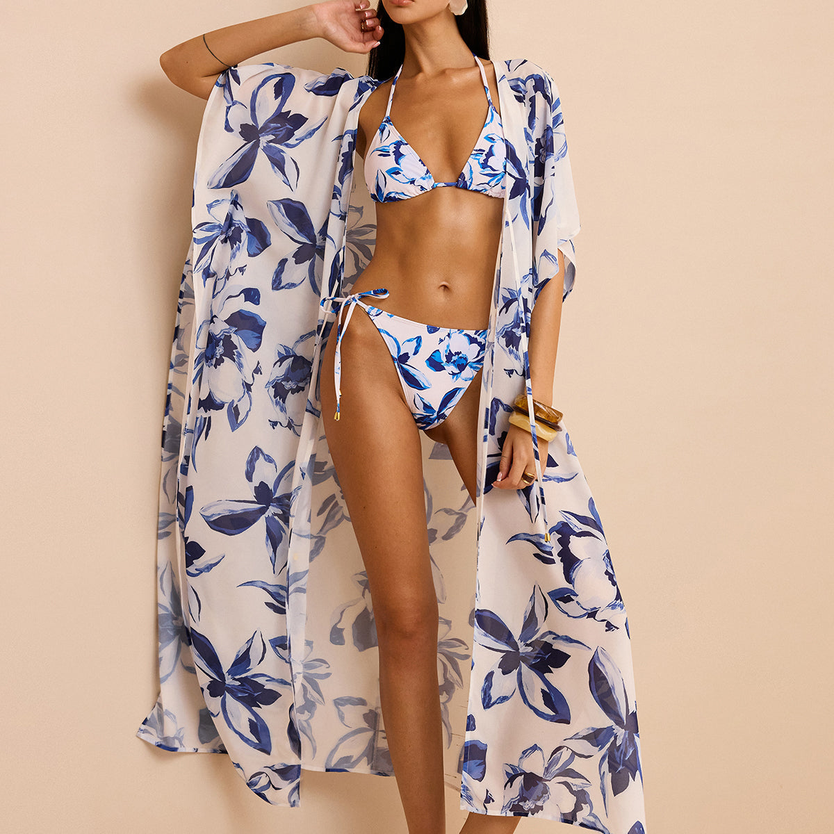Önü Bağcıklı Şeffaf Çiçekli Kimono Örtüsü