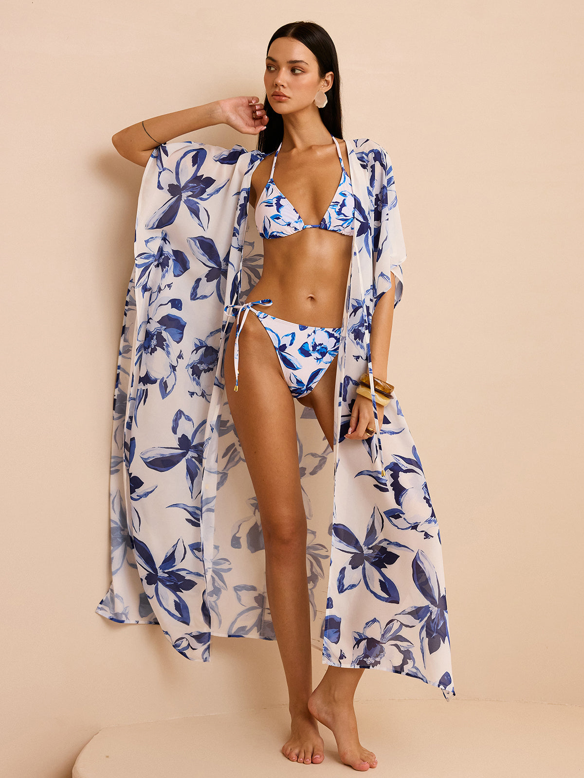 Önü Bağcıklı Şeffaf Çiçekli Kimono Örtüsü