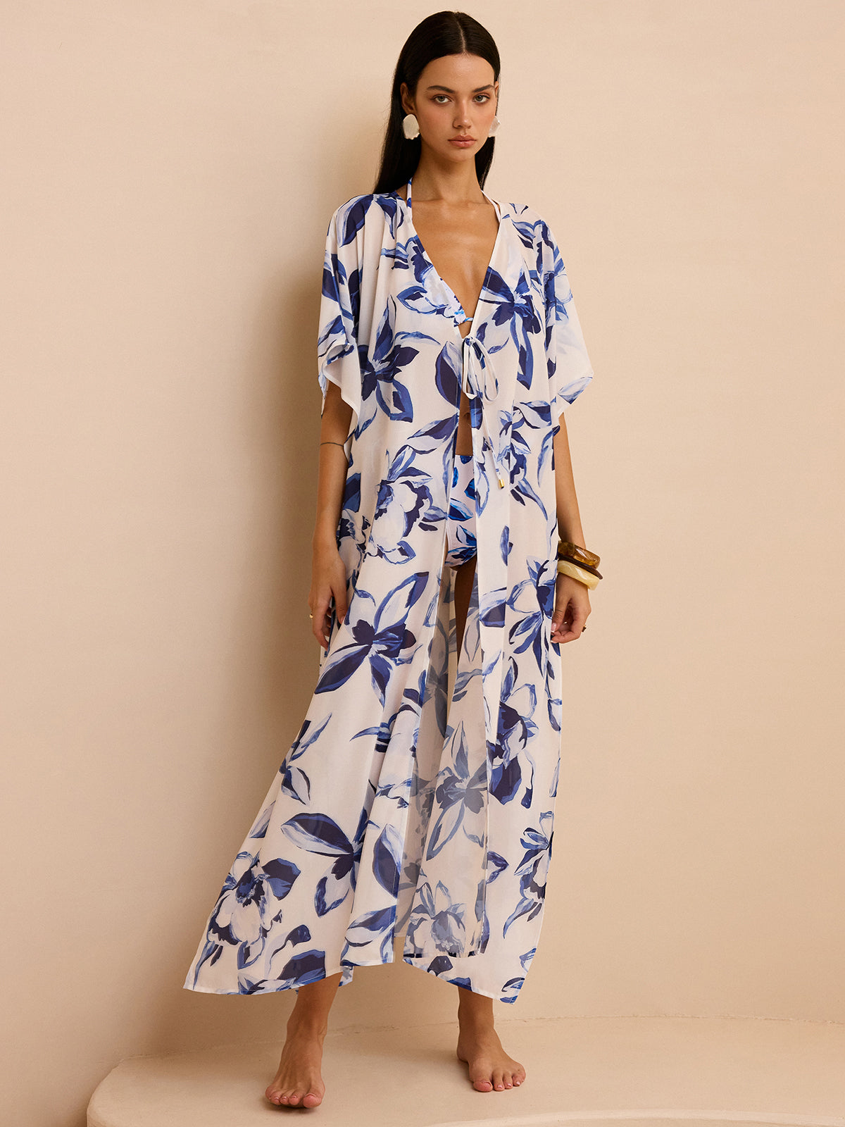 Önü Bağcıklı Şeffaf Çiçekli Kimono Örtüsü