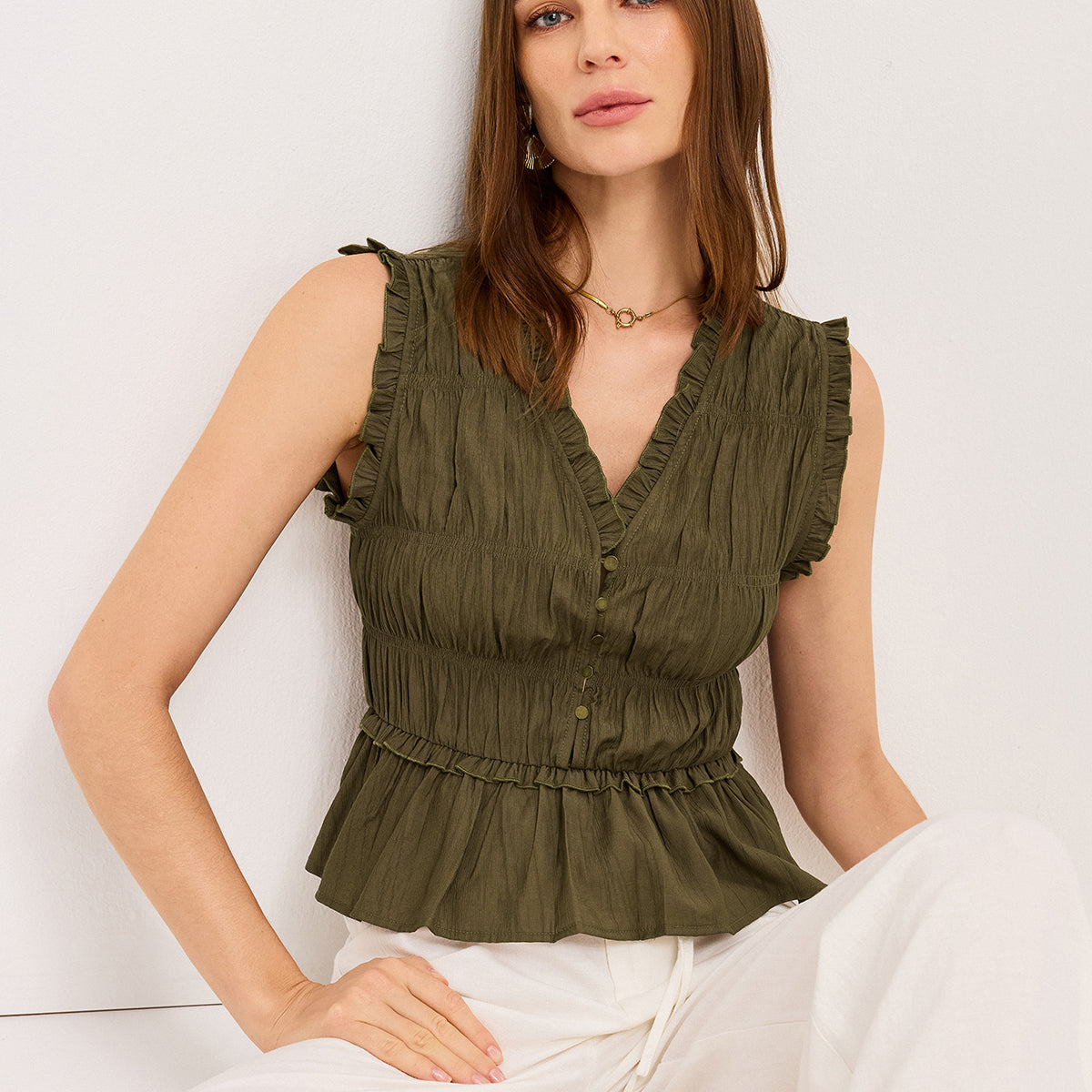 Volanlı V Yaka Peplum Üst