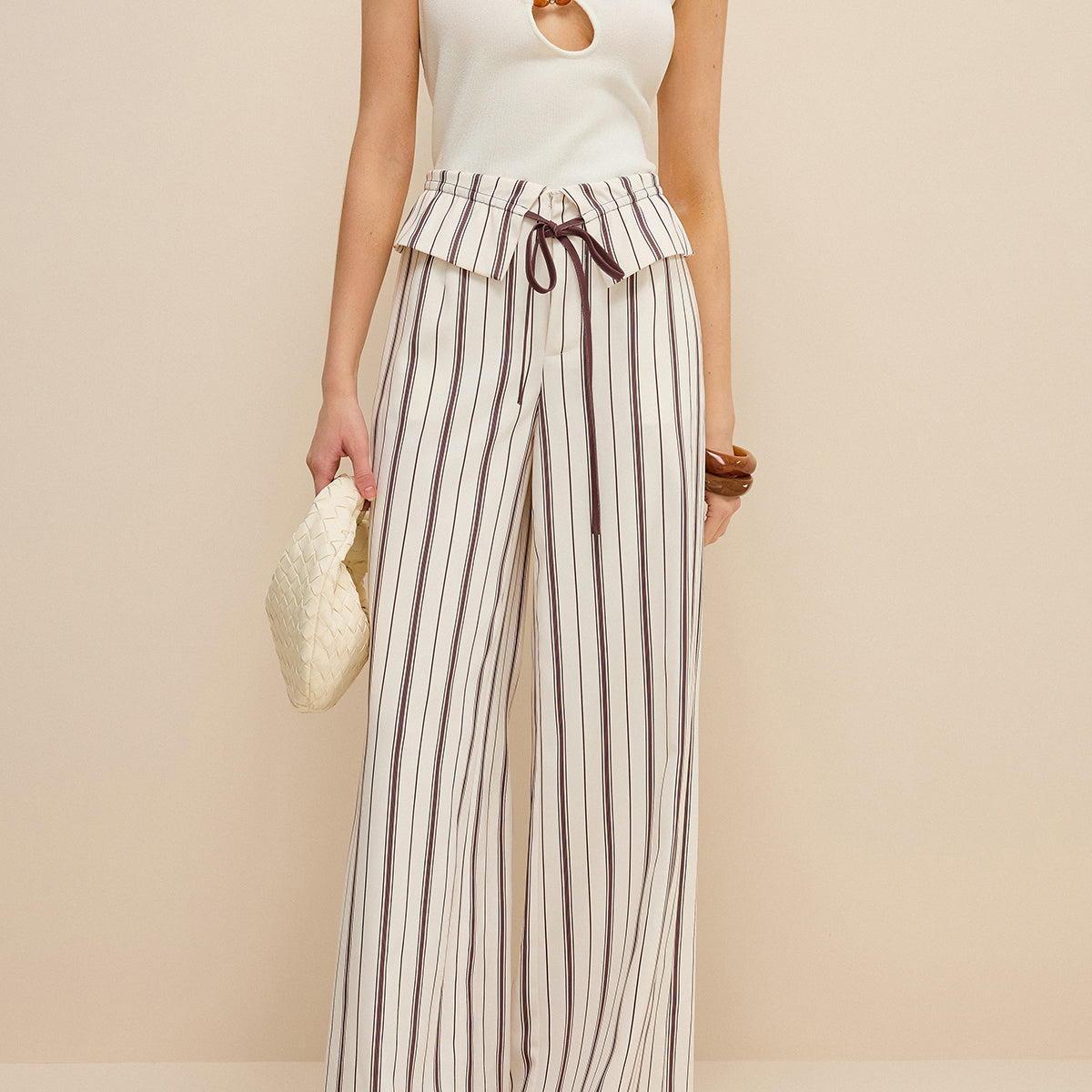 Peplum Bel Çizgili Geniş Paça Pantolon