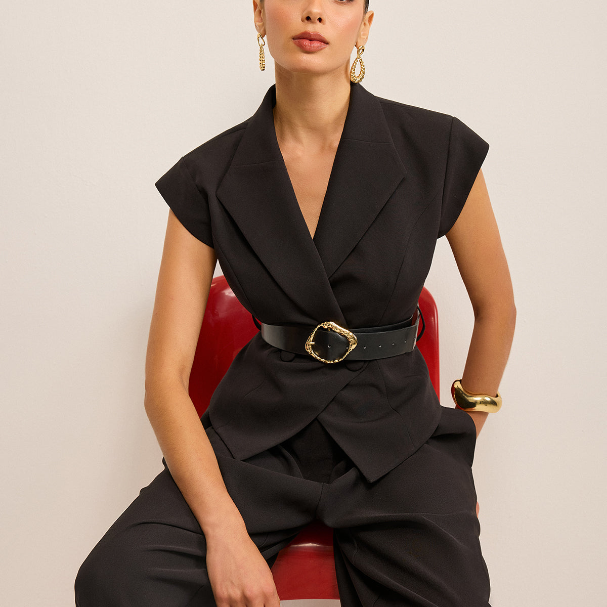 Metal Tokalı Kemerli Peplum Yelek