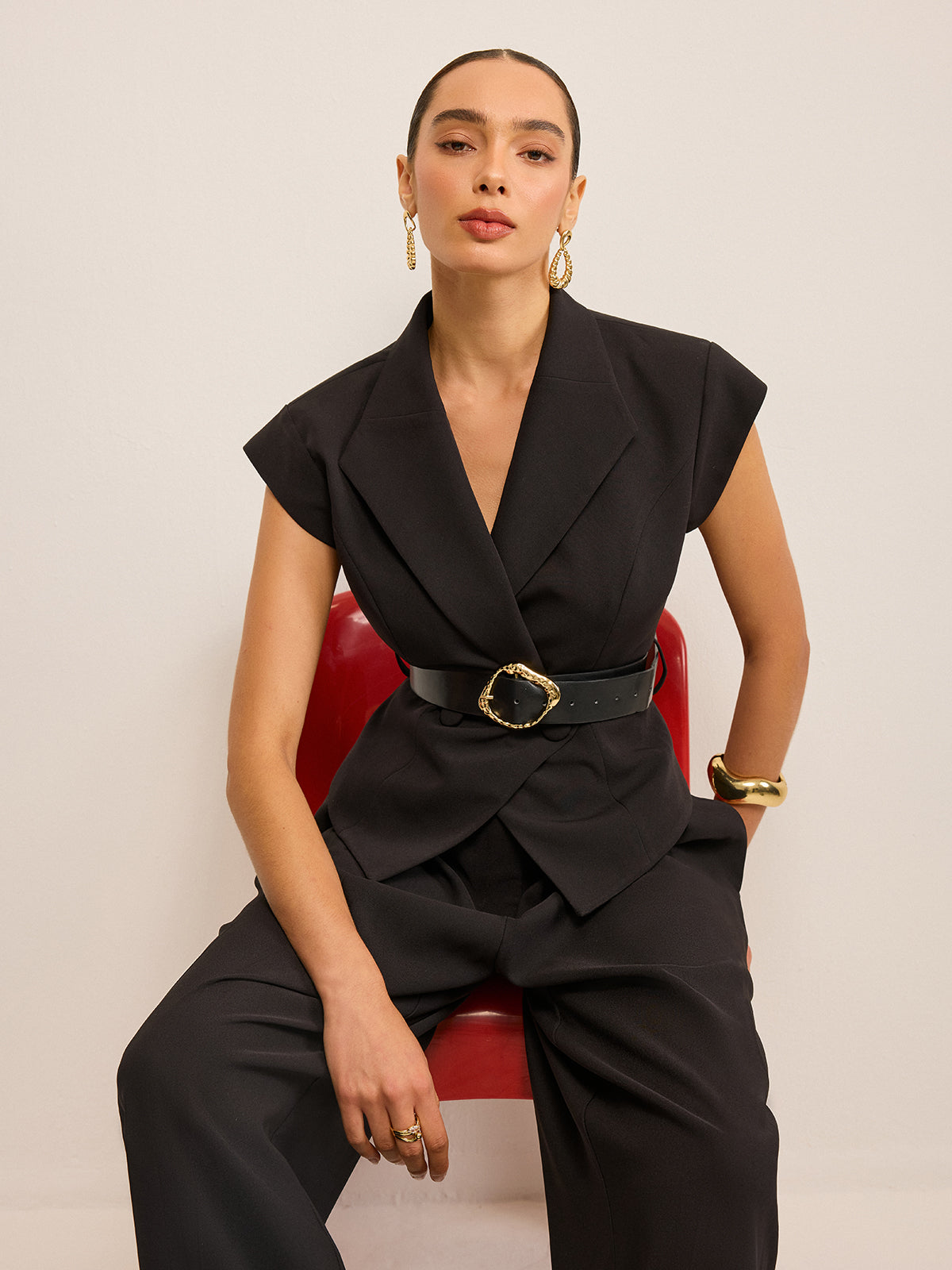 Metal Tokalı Kemerli Peplum Yelek