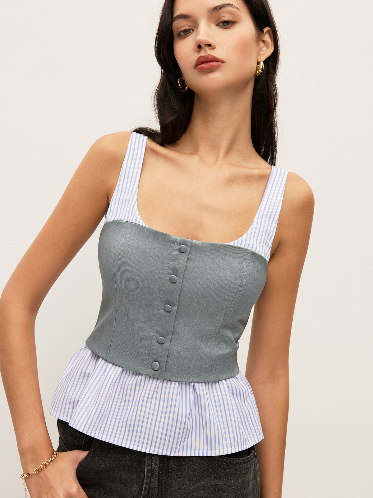 Çizgili Ve Düz Peplum Düğmeli Üst