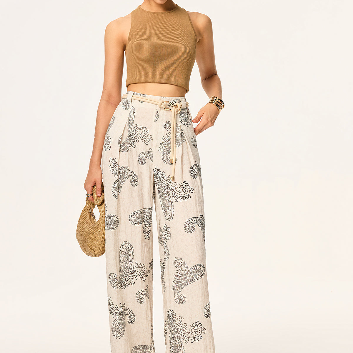 Kemersiz Boho Desenli Geniş Paça Pantolon