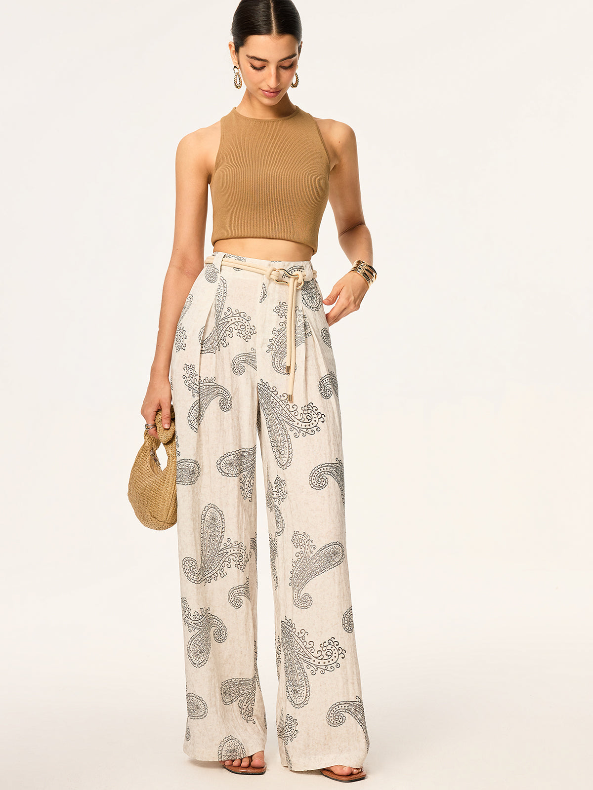 Kemersiz Boho Desenli Geniş Paça Pantolon