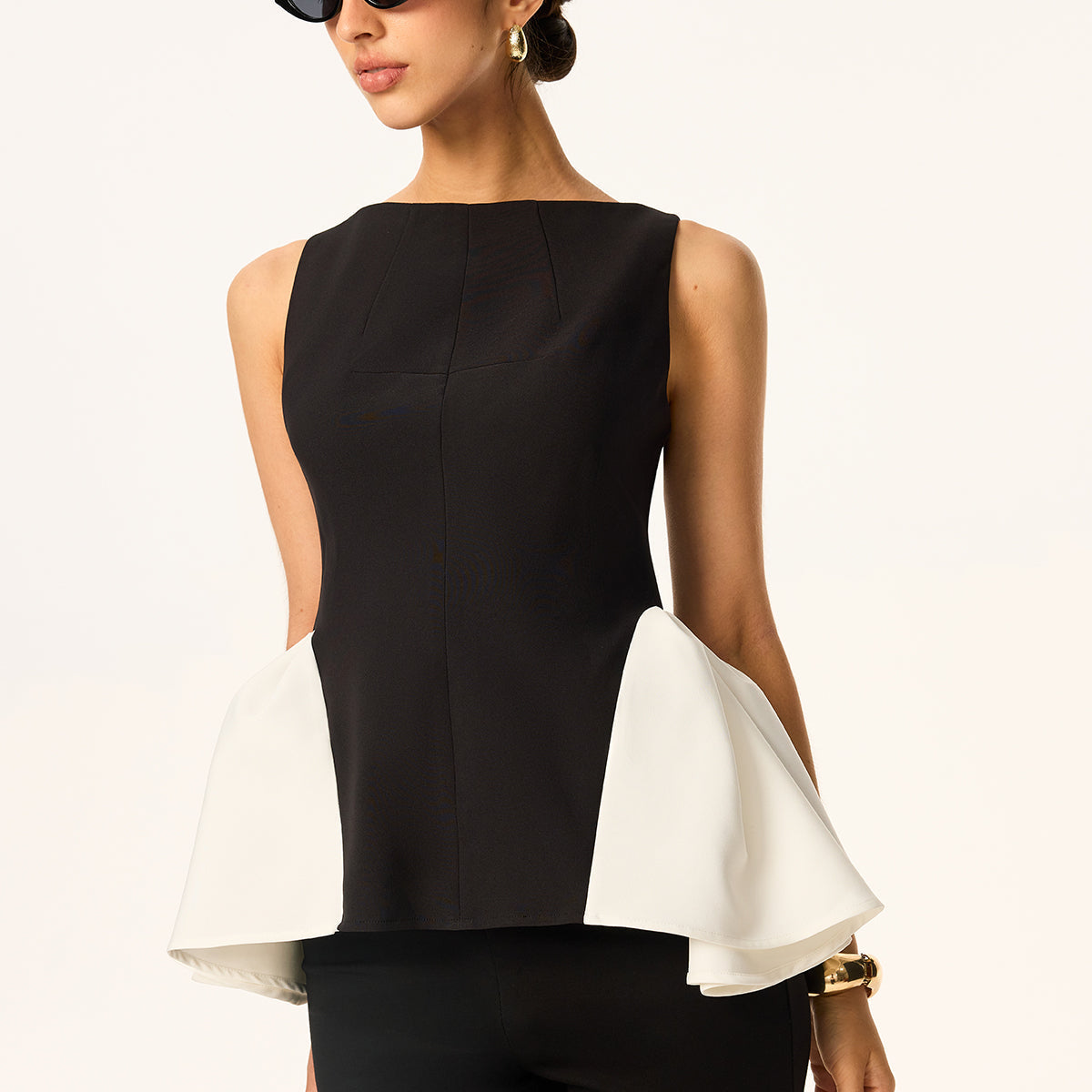 Renk Bloklu Peplum Bel Kolsuz Bluz