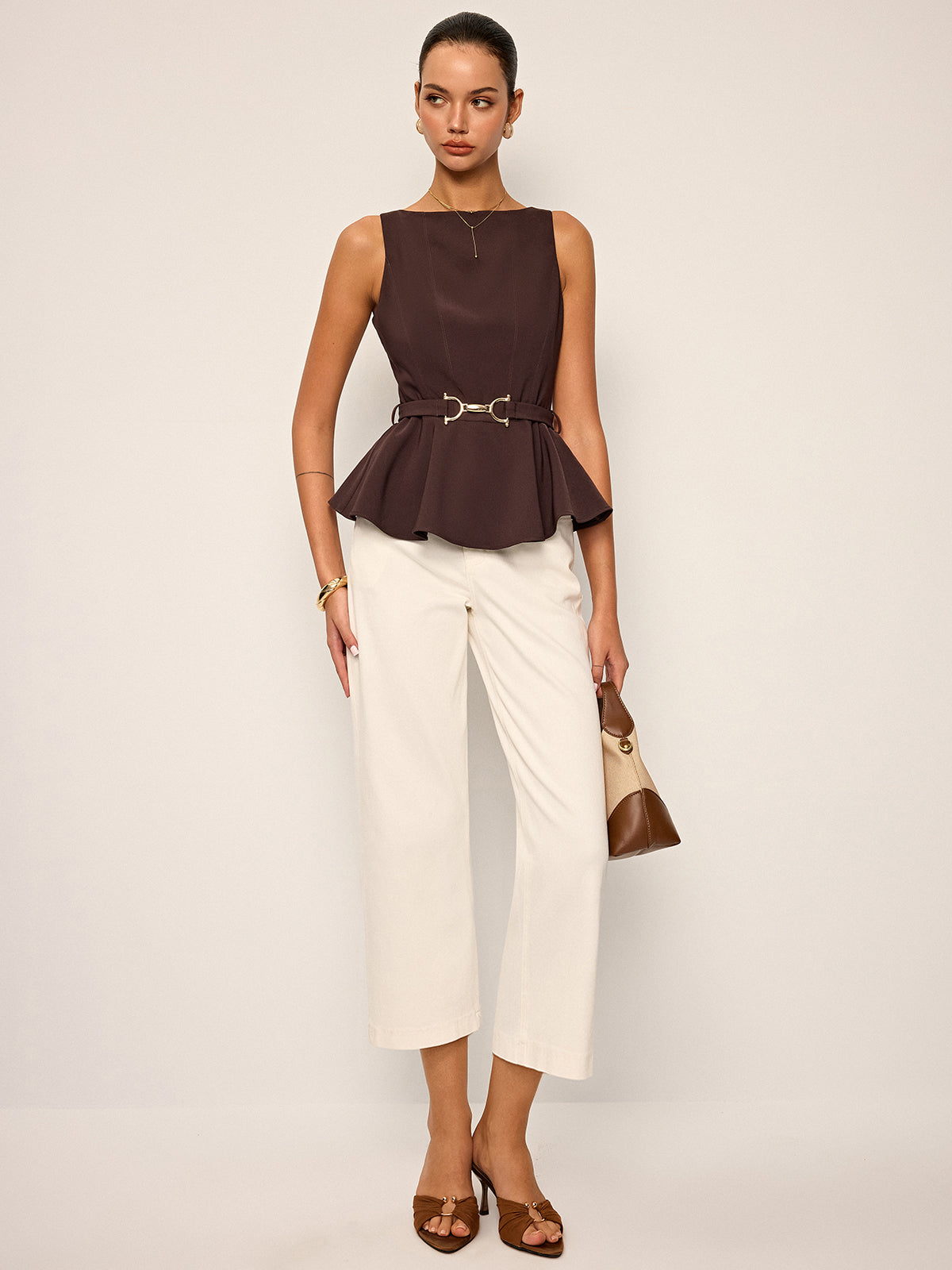 Metal Tokalı Kemerli Kolsuz Peplum Üst