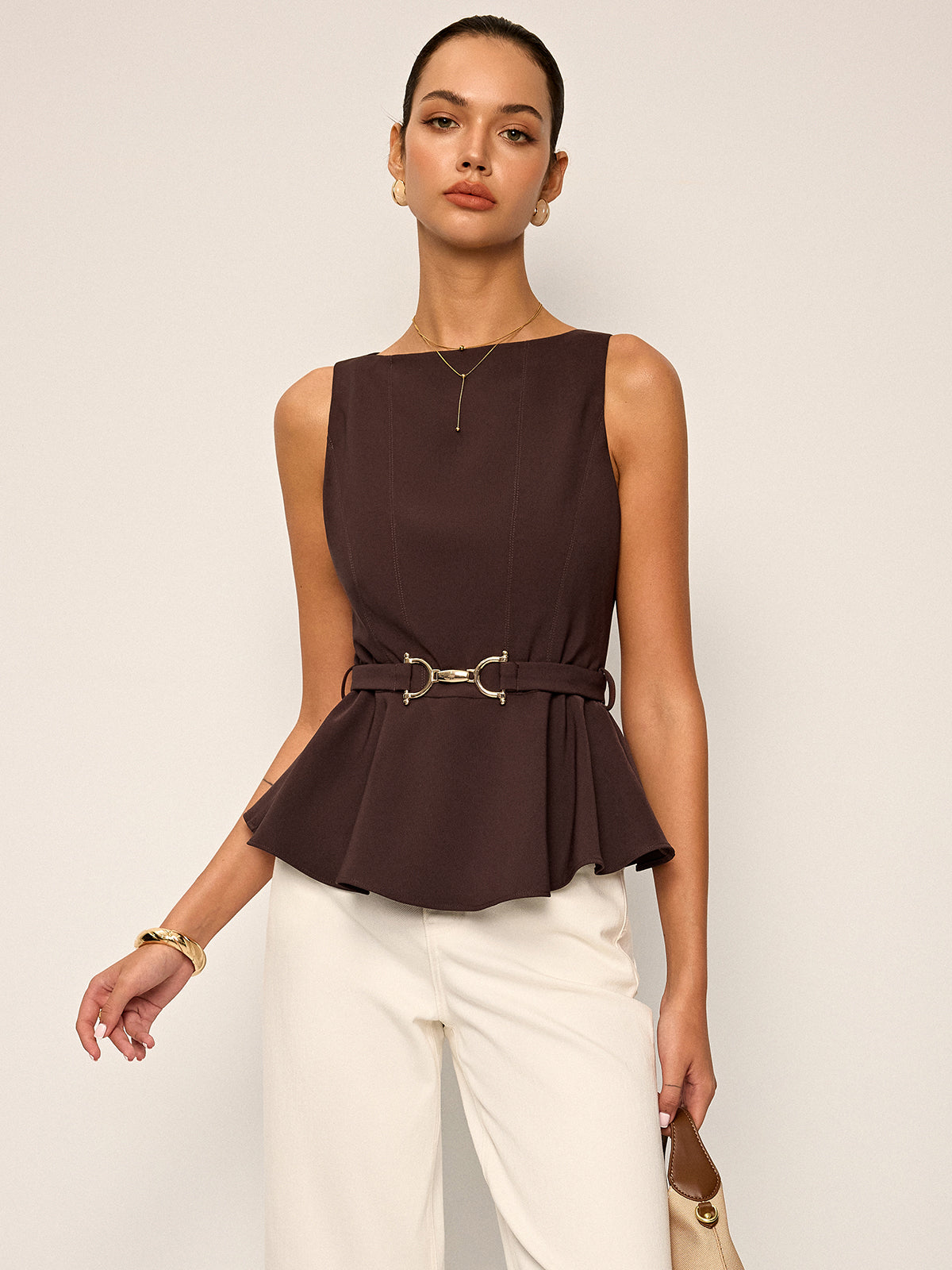 Metal Tokalı Kemerli Kolsuz Peplum Üst
