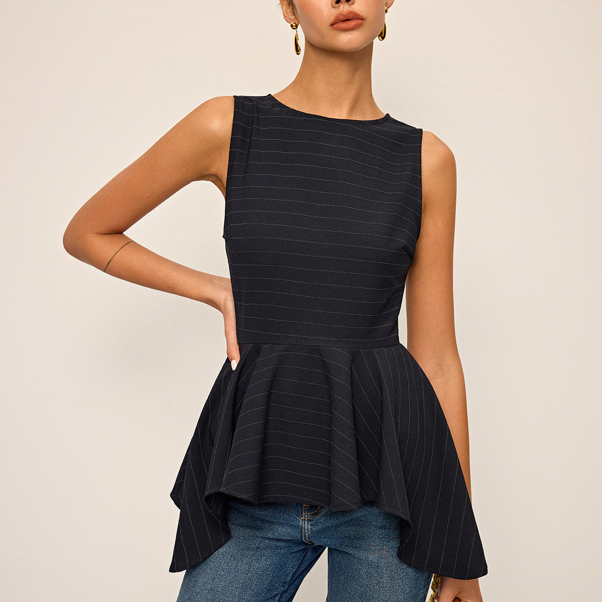 Çizgili Peplum Etek Kolsuz Üst