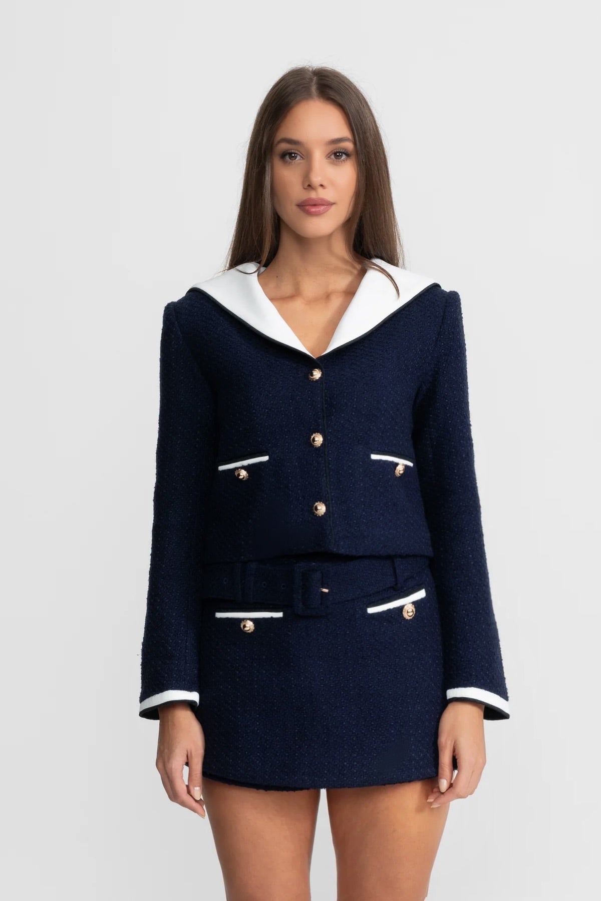 Kontrast Yakalı Kısa Tweed Ceket – Lacivert