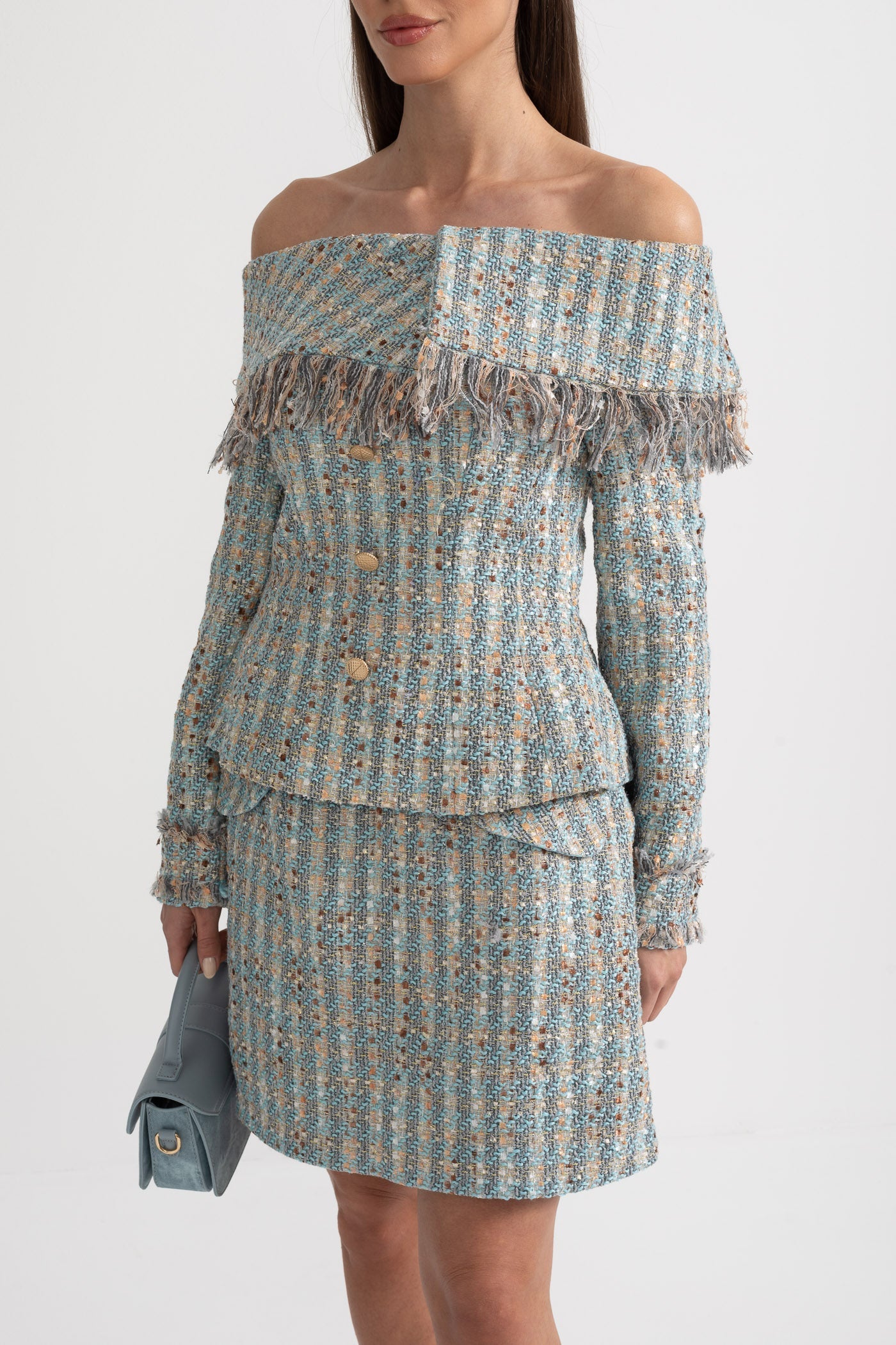 Mavi Kareli Tweed Takım