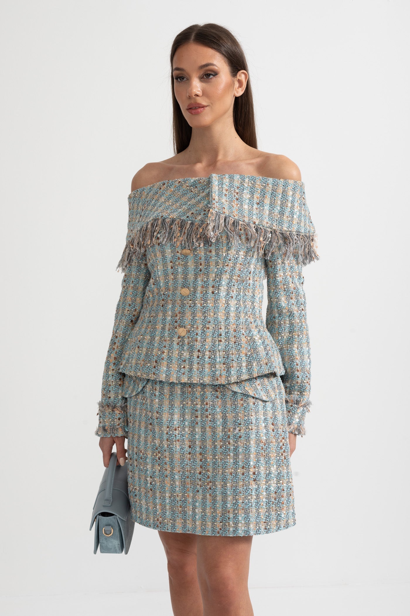 Mavi Kareli Tweed Takım