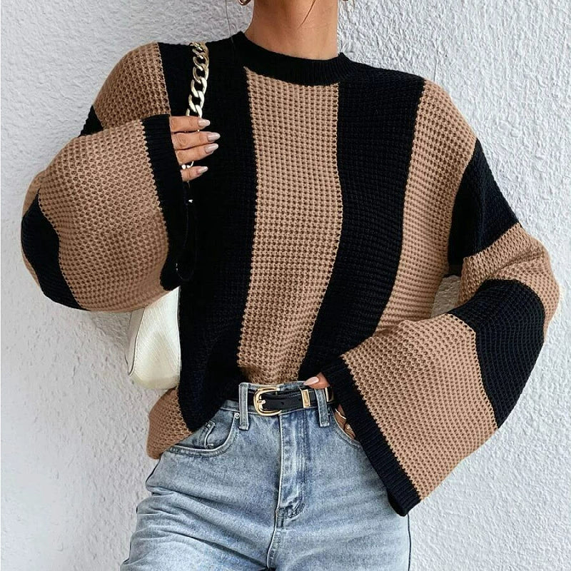 Çizgili Waffle Triko Kazak