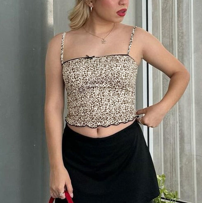 Grecia Leopar Desenli Crop Bluz Premium Polyester Pamuk
