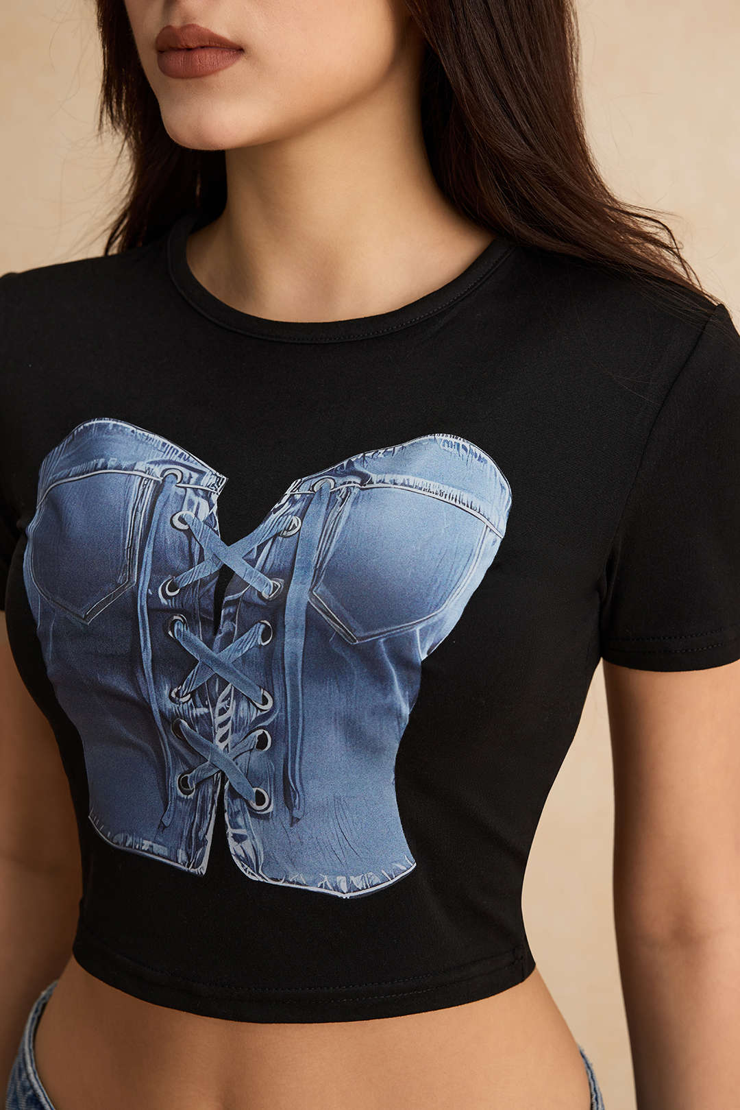 Baskılı Denim Kısa Kollu Tişört