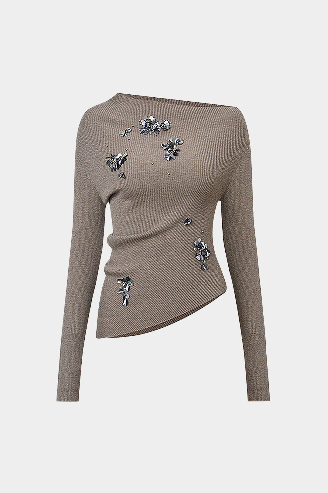 3D Floral Asymmetrical Shoulder Uzun Kollu Üst