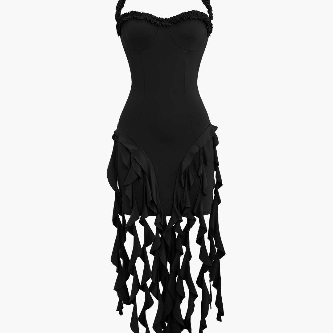 Volanlı Püskül Halter Bustiyer Mini Elbise