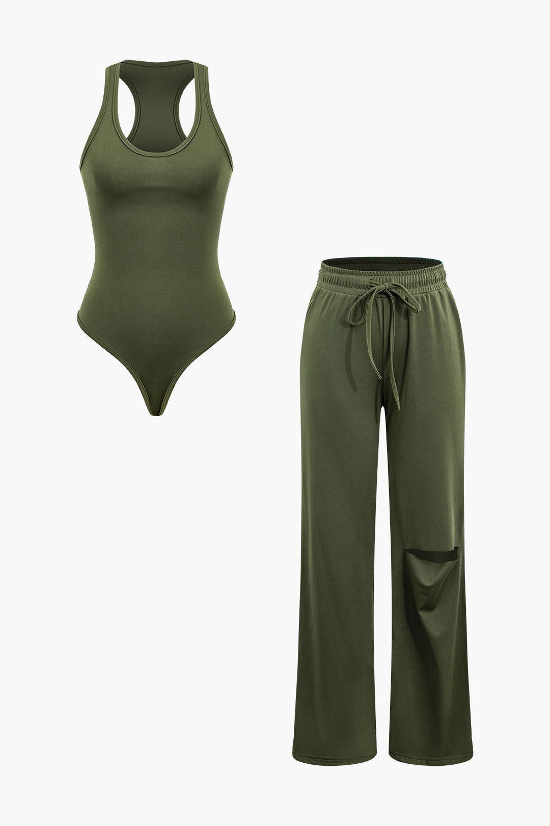 Basic Yuvarlak Yaka Kolsuz Bodysuit Ve Yırtık Bağcıklı Düz Paça Pantolon Seti