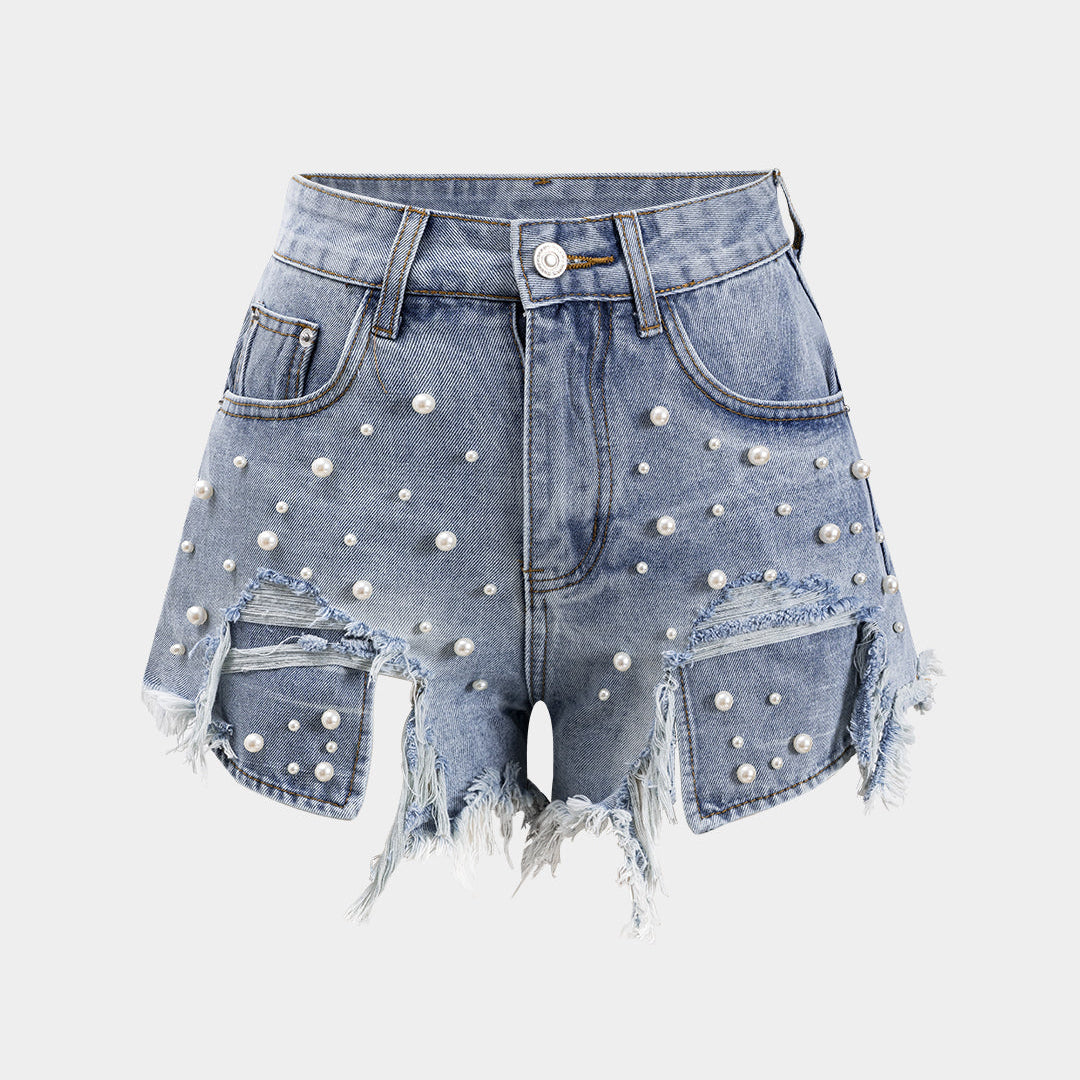 Denim Yüksek Bel Boncuklu Şort