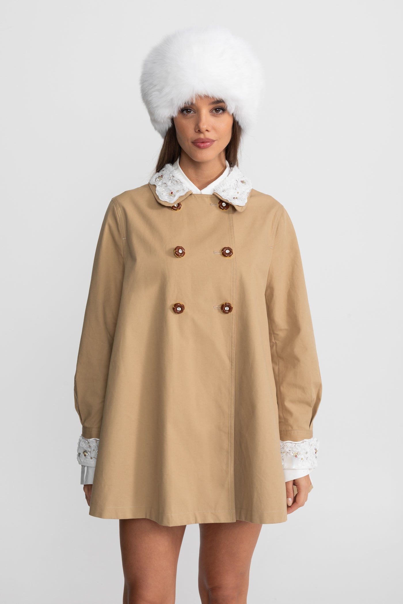 Nakış Detaylı Yakalı A Form Mini Trençkot Elbise – Camel