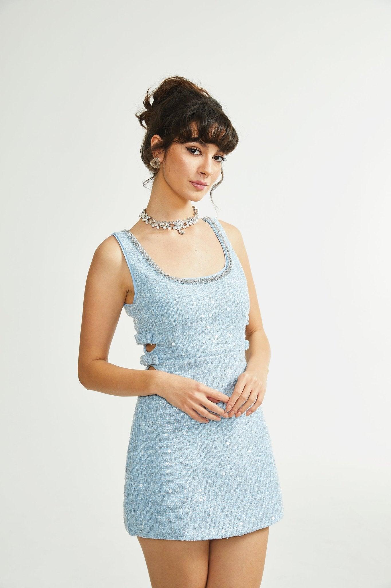 Manon Charm Açık Mavi Işıltılı Tweed Mini Elbise