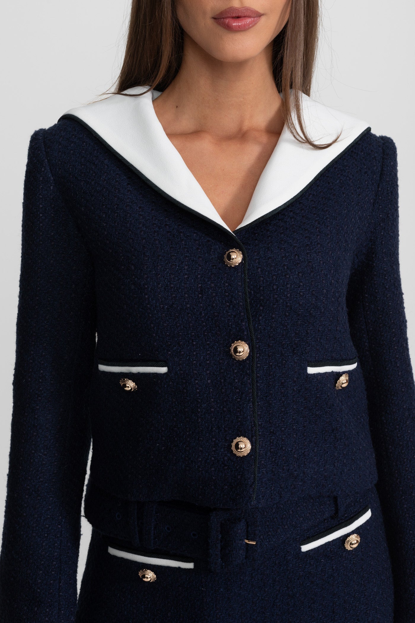 Kontrast Yakalı Kısa Tweed Ceket – Lacivert