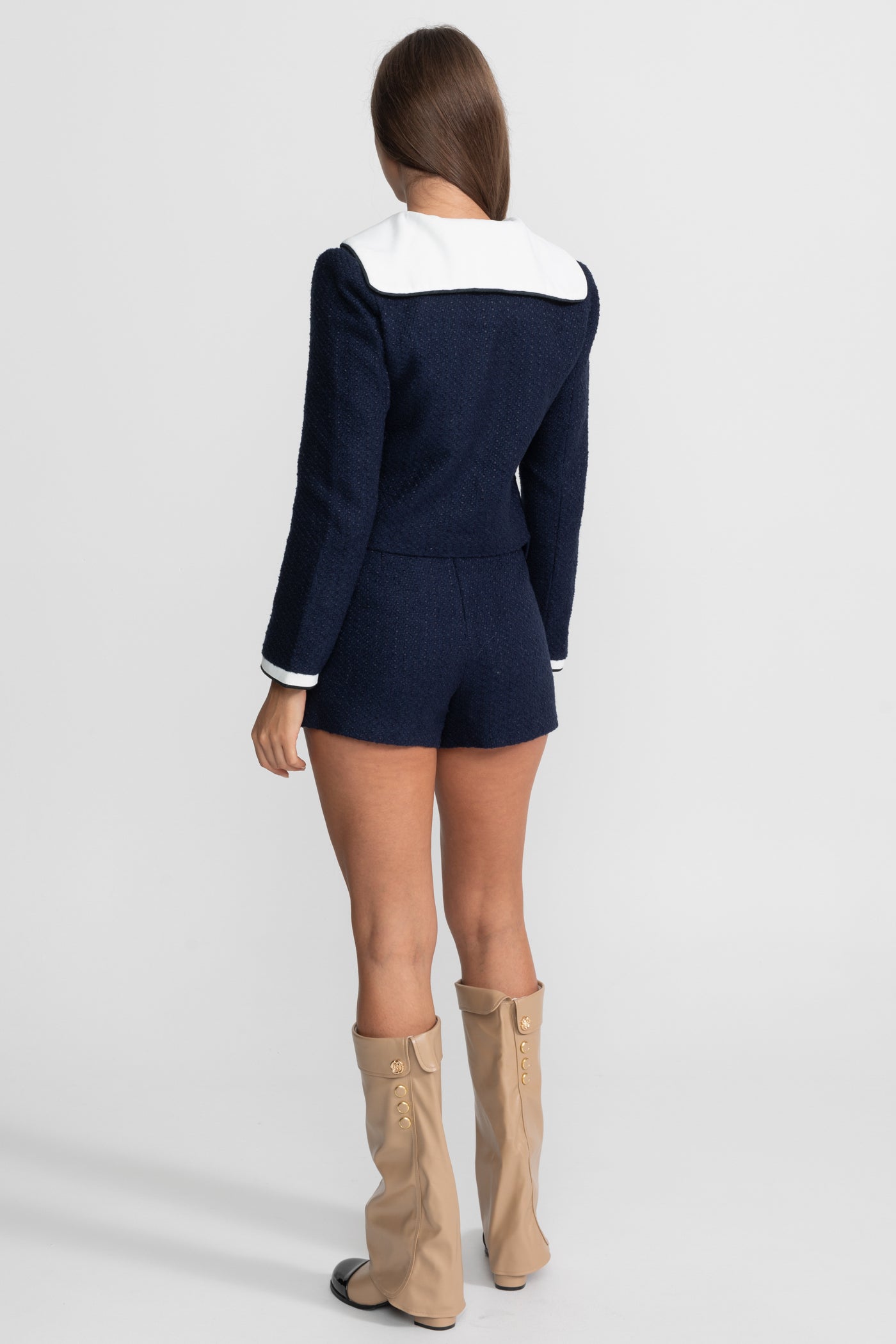 Kontrast Yakalı Kısa Tweed Ceket – Lacivert