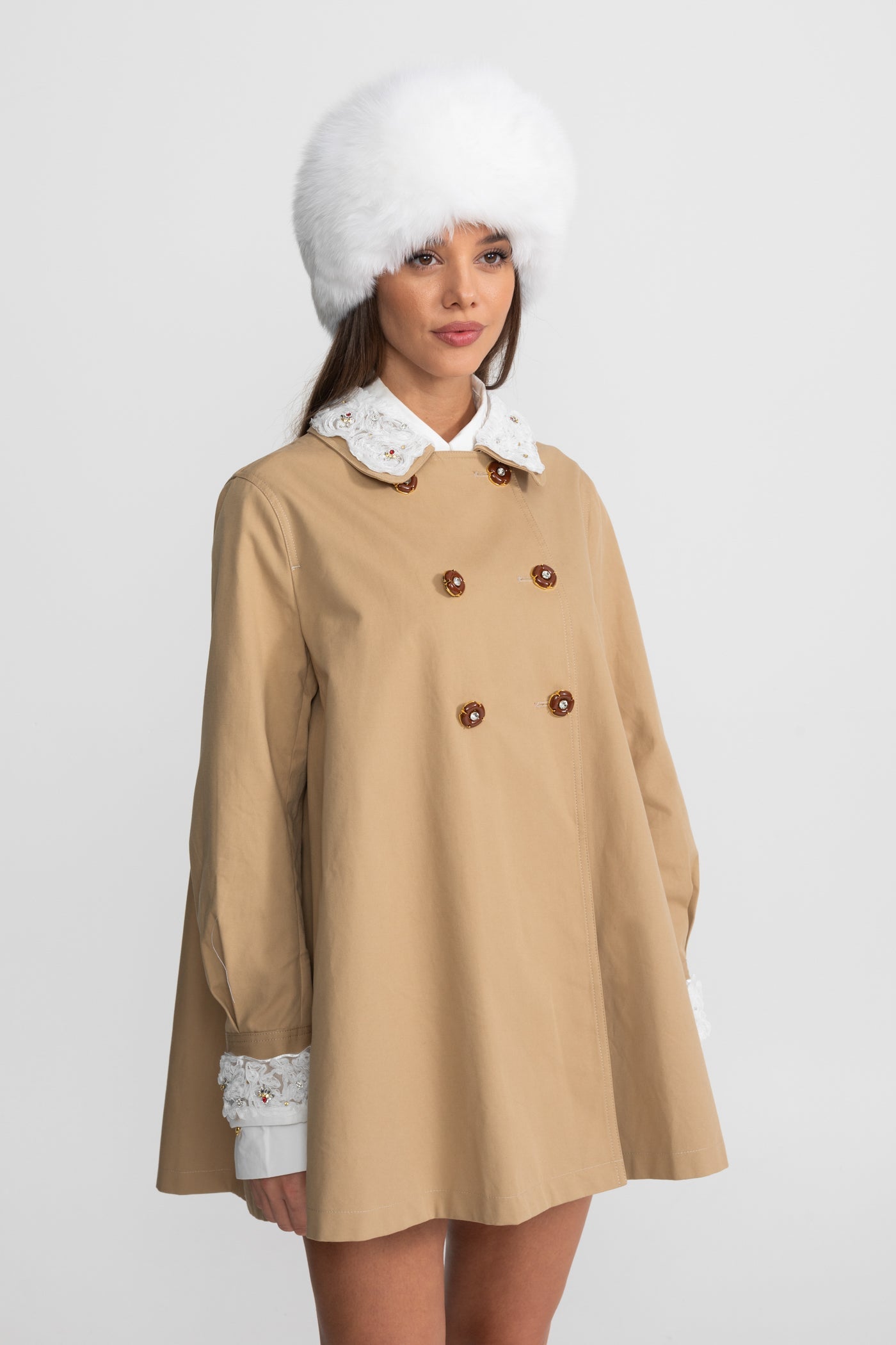 Nakış Detaylı Yakalı A Form Mini Trençkot Elbise – Camel